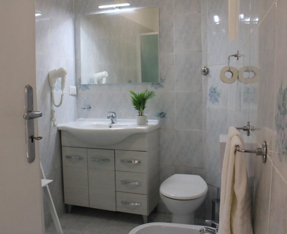 Bagno luminoso con lavabo, specchio, WC e piante decorative.